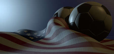 A regular stitched panel soccer ball resting on a draped american flag on an isolated white dark backgroundの写真素材