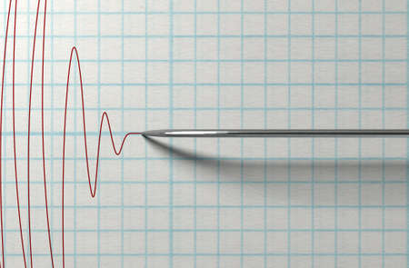 A closeup of a polygraph lie detector test needledrawing a red line on graph paper on an isolated...