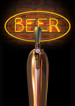 A regular chrome draught beer tap on a facebrick wall background with a neon beer sign illuminated in the backgroundの写真素材