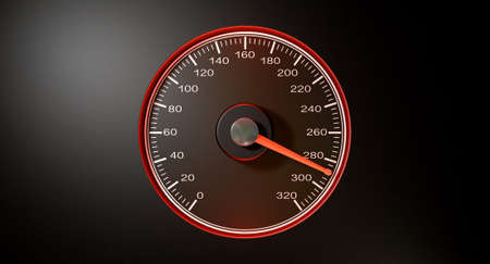 A regular speedometer with glowing red edges and a red needle pointing towards a high speed on an...