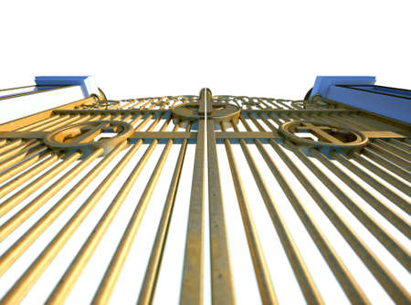 A concept image of the golden gates to heaven shut on an isolated white backgroundの写真素材