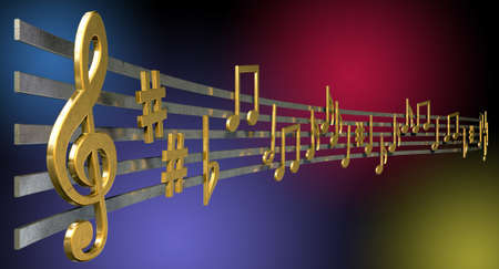 A concept showing literal gold metallic music symbols and notes on the five wavy octave lines on a...