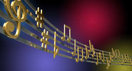 A concept showing literal gold metallic music symbols and notes on the five wavy octave lines on a jazzy colorful backgroundの写真素材