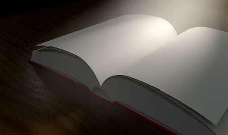 A regular hard cover book open in the middle with blank white pages on a dramatic dark background lit by an ethereal spotlightの写真素材