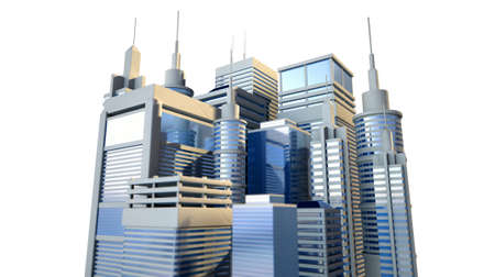 A a group of small modern looking skyscrapers depicting a successful city on an isolated white...