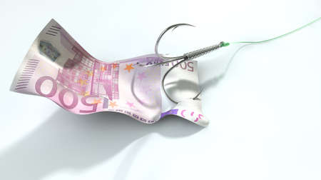 A concept image showing a five hundred euro banknote used as bait attached to a treble fishhook and fishing line on an isolated white backgroundの写真素材