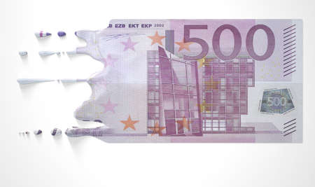 A concept image showing a regular Euro banknote that is half melted and liquified dripping on an isolated studdio backgroundの写真素材