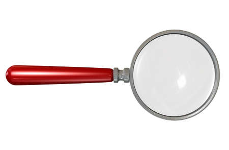 A regular magnifying glass with a wooden red handle on an isolated white studio backgroundの写真素材