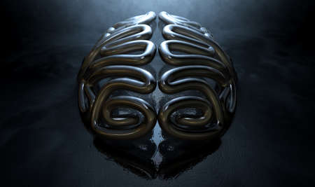 A bronze casting depicting a stylized brain in contrasting light on an eerie lit isolated dark...