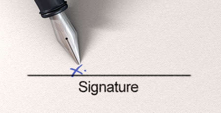 A white paper with a black line printed in ink showing the area for a signature to be signed and indicated with a hand written x with a fountain penの写真素材