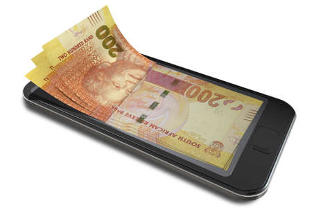 A concept image of a generic smart phone with digital on screen money changing into real south...