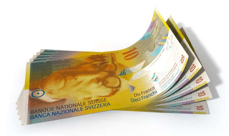 A group of five swiss franc banknotes fanned out and curved on an isolated white background
