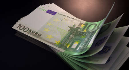 A group of five euro banknotes fanned out and curved on an isolated white background