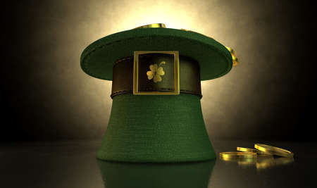 A green material leprechaun hat with a brown leather band emblazened with a gold shamrock and buckle filled with gold coins on a dark spotlit backgroundの写真素材