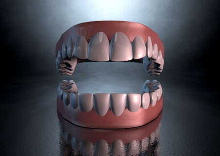 A sinister dramatic depiction of seperated upper and lower sets of human teeth set in gums on a dark...