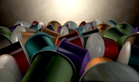 A closeup  view of a collection of colorful instant espresso coffee capsules sealed with foil on an isolated white backgroundのeditorial素材