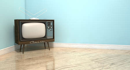 An old vintage television set in the corner of an empty room with light blue wall and a reflective...