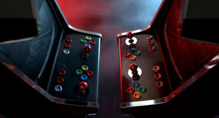 Two vintage unbranded arcade games with a joysticks and buttons and a blank screen opposing each...