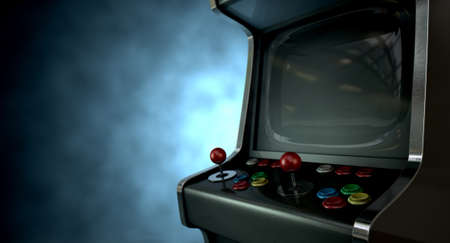 A vintage unbranded arcade game with a joysticks and buttons and a blank screen on a dark ominous...