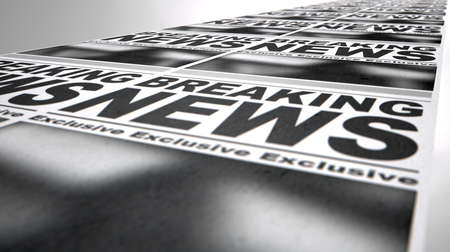 A long row of fthe front page of a newspaper press run with a generic headline that reads breaking news on an isolated white backgroundの写真素材