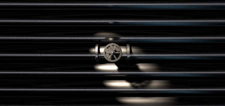 A collection of pipes with the middle one having a metal shutoff valve on an isolated backgroundの写真素材