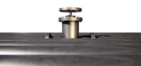 A collection of pipes with the middle one having a metal shutoff valve on an isolated backgroundの写真素材