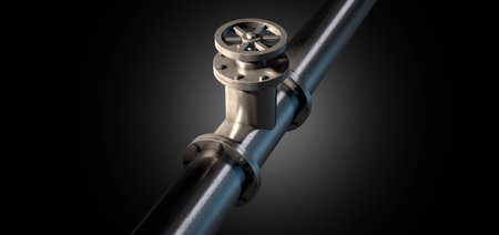 A metal shutoff valve attached to a metal pipe with bolts on an isolated dark background