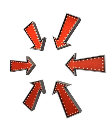 A collection of six belle epoque era red vintage arrow signs lit by lightbulbs pointing inwards on...