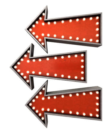 A collection of 3 belle epoque era red vintage arrow signs lit by lightbulbs facing the same direction on an isolated dark backgroundの写真素材
