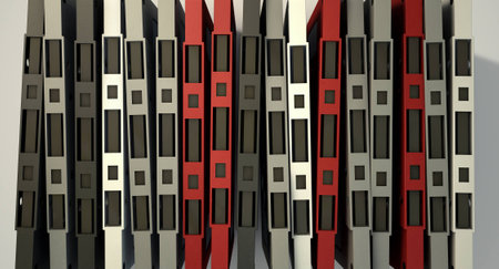 A close up view of a collection of vintage audio cassette tape lined up in a row on an isolated...