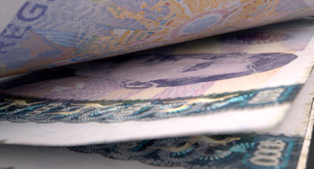 A macro close-up view showing the detail inbetween two separated norwegian crown banknotesの写真素材