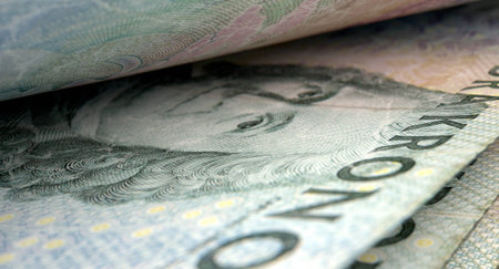 A macro close-up view showing the detail inbetween two separated swedish kronor banknotesの写真素材