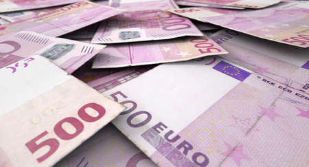 A macro close-up view of a messy scattered pile of european euro banknotes