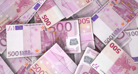 A macro close-up view of a messy scattered pile of european euro banknotesの写真素材