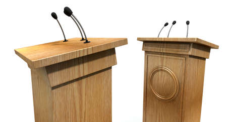 Two opposing regular wooden debate podiums signifying a debate on an isolated white studio...