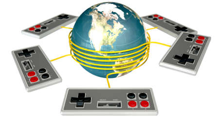 A collection of vintage rectangular gaming controllers connected in a cirlce by their cords around a...