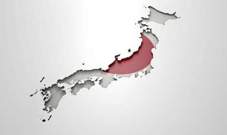 The shape of the country of Japan in the colours of its national flag recessed into an isolated white surfaceの写真素材