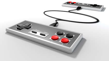 Two opposing vintage rectangular gaming controllers connected by their cords on an isolated studio...