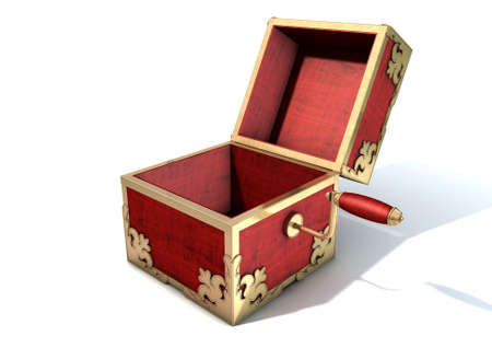 An ornate antique open jack-in-the-box mad of red wood and gold trimmings on an isolated white...