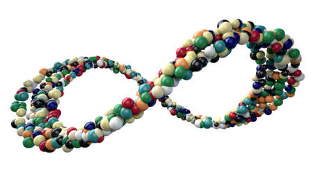 A 3D rendering of an infinity symbol made up of dna type strands of colorful balls on an isolated...