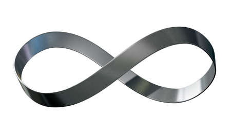 A 3D rendering of an infinity symbol made up of a ribbon of shiny steel on an isolated white studio backgroundの写真素材