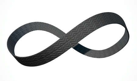 A 3D rendering of an infinity symbol made up of a ribbon of rubber tyre tread on an isolated white...