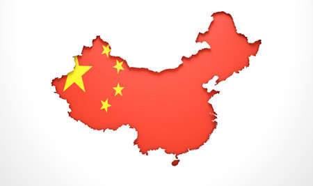 The shape of the country of China in the colours of its national flag recessed into an isolated white surfaceの写真素材