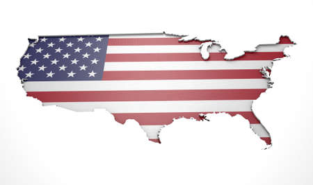 The shape of the country of America in the colours of its national flag recessed into an isolated white surfaceの写真素材