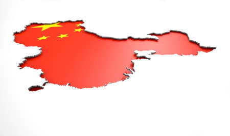 The shape of the country of China in the colours of its national flag recessed into an isolated white surfaceの写真素材