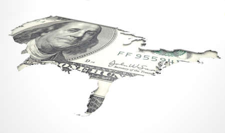 A US dollar note in the shape of America recessed into an isolated white surfaceの写真素材
