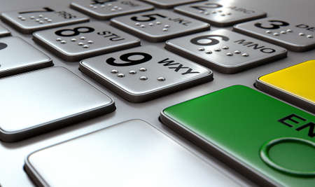Closeup view of a generic atm keypad buttons with numbers and brailleの写真素材