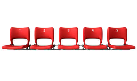 A section of numbered stadium seating with red chairs set in a row on an isolated white studio backgroundの写真素材