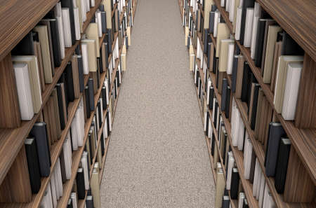 A direct top view of a row of a library bookshelf in a carpeted aisleの写真素材