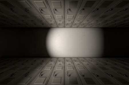 A direct top view of a row of regular school lockers in a corridor dramatically lit by a single spotlightの写真素材